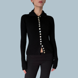 Versatile Black Turtleneck Sweater with Mother-of-Pearl Buttons